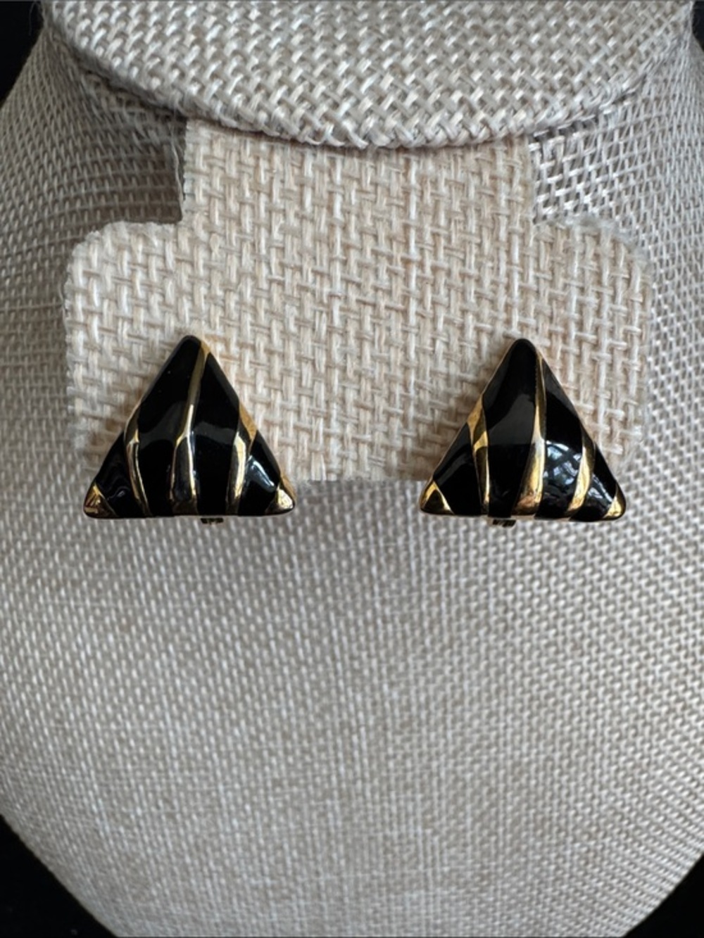 VTG Monet Black Enamel and Gold Triangle Clip-On Earrings 1980s Art Deco Revival